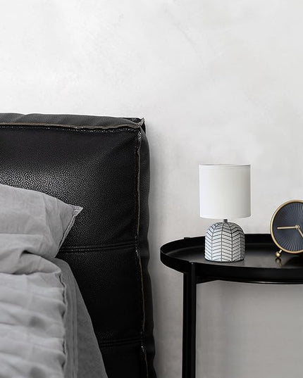 Simple Designs LT1137-WHT 10.43" Petite Contemporary Webbed Waves Base Bedside Table Desk Lamp w White Fabric Drum Shade for Home Decor, Bedroom, Living Room, Entryway, Office, White - LeafyLoom