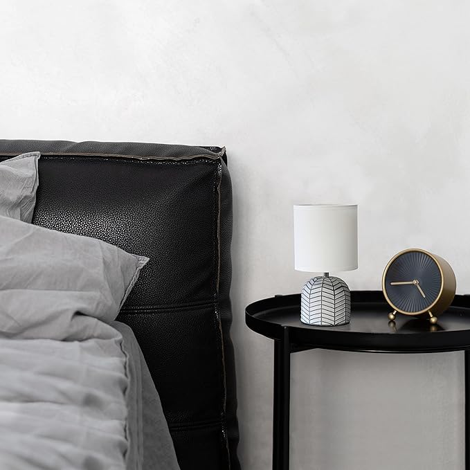 Simple Designs LT1137-WHT 10.43" Petite Contemporary Webbed Waves Base Bedside Table Desk Lamp w White Fabric Drum Shade for Home Decor, Bedroom, Living Room, Entryway, Office, White - LeafyLoom