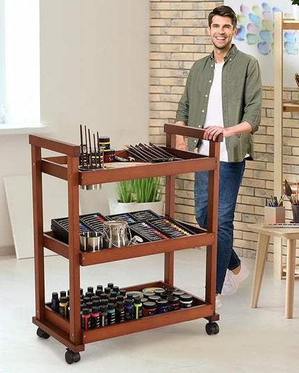 VISWIN 37" H Art Cart Storage Organizer 3-Tier, Solid Beech Wood Rolling Utility Cart with Caster Wheels, Multifunctional Art Supplies Craft Cart Organizer, Trolley for Studio, Classroom, Kitchen - LeafyLoom