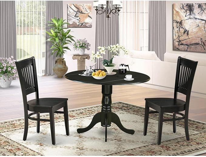 East West Furniture Dublin 3 Piece Dinette Set for Small Spaces Contains a Round Table with Dropleaf and 2 Dining Chairs, 42x42 Inch, Black - LeafyLoom