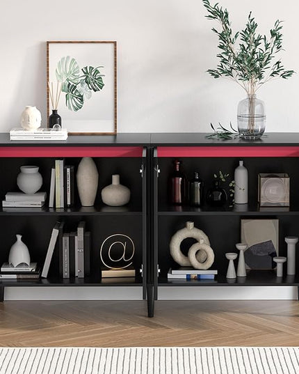 Anmytek Rattan Sideboard Buffet Cabinet with 4 Doors, Large Kitchen Storage Cabinet Black Sideboard with Adjustable Shelf Credenzas for Kitchen Living Room Hallway H0108 - LeafyLoom