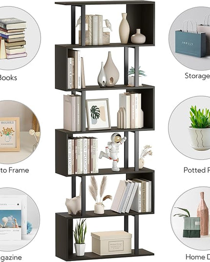 Yusong S Shaped Bookshelf, Modern Geometric Bookcase, 6-Tier Black Display Case Book Shelf - LeafyLoom