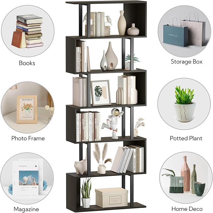 Yusong S Shaped Bookshelf, Modern Geometric Bookcase, 6-Tier Black Display Case Book Shelf - LeafyLoom