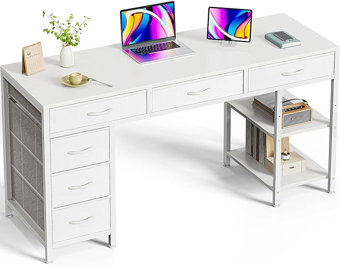 Computer Desk with 6 Drawers, 54 Inch Office Desk with Shelves, Reversible Gaming Desk, Corner Desk with Storage, Work Desk for Home Office, Study, Living Room, White - LeafyLoom