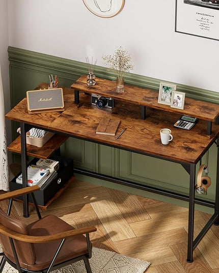 Furologee Computer Desk with Shelves and Fabric Drawer, 47" Home Office Gaming Desk with Monitor Stand, Reversible Study Writing Desk with Hooks, Rustic Brown - LeafyLoom