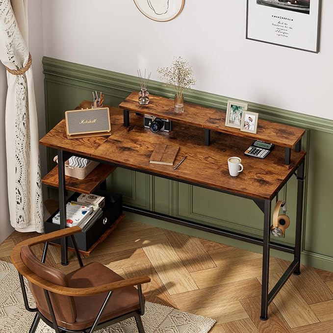 Furologee Computer Desk with Shelves and Fabric Drawer, 47" Home Office Gaming Desk with Monitor Stand, Reversible Study Writing Desk with Hooks, Rustic Brown - LeafyLoom