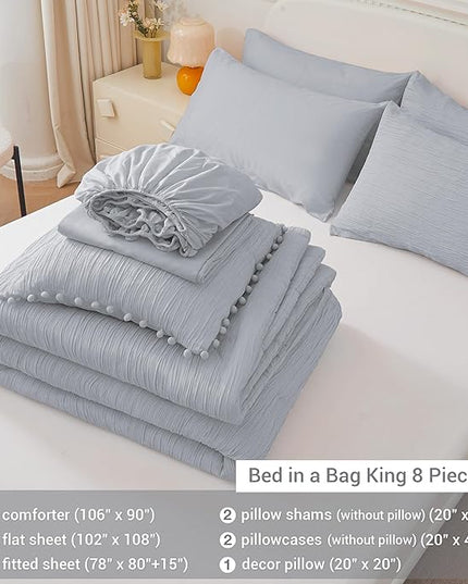 8 Piece Woven Texture King Size Comforter Set Grey, Bed in A Bag Bedding King with Comforter and Sheets, Soft Lightweight Comforter Set with Deocor Throw Pillow, Grey - LeafyLoom