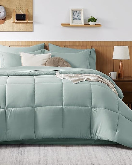 Bedsure Sage Green King Size Comforter Set - 7 Pieces Solid King Bed in a Bag, King Bed Set Sage Green with Quilted Warm Fluffy Comforters, Sheets, Pillowcases & Shams - LeafyLoom