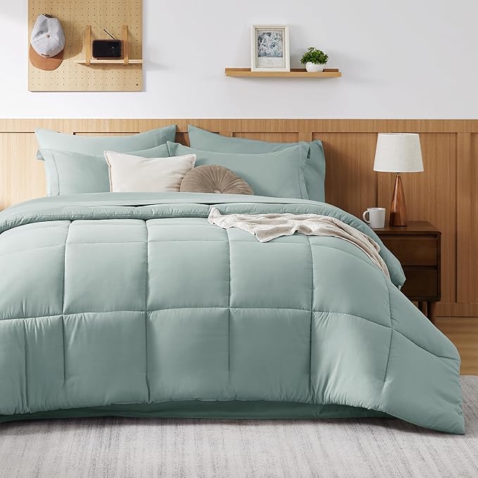 Bedsure Sage Green King Size Comforter Set - 7 Pieces Solid King Bed in a Bag, King Bed Set Sage Green with Quilted Warm Fluffy Comforters, Sheets, Pillowcases & Shams - LeafyLoom