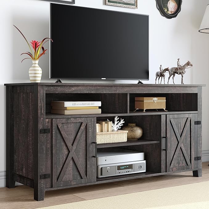 YITAHOME Highboy Farmhouse Barn Door TV Stand for 65 Inch TV, Modern Entertainment Center for 300 lbs, TV Media Console Storage TV Cabinet for Living Room, Dark Rustic Oak, 59.5” - LeafyLoom