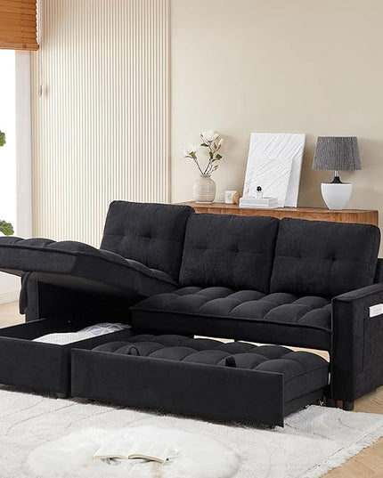 Chenille Convertible Sleeper Sectional Sofa with Reversible Storage Chaise and Pull Out Couch Bed , L Shaped Corner Sofabed with USB and tape-c Charging Ports for Living Room Office Small Places - LeafyLoom