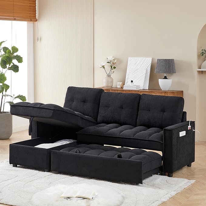 Chenille Convertible Sleeper Sectional Sofa with Reversible Storage Chaise and Pull Out Couch Bed , L Shaped Corner Sofabed with USB and tape-c Charging Ports for Living Room Office Small Places - LeafyLoom