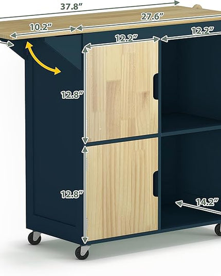 Usinso Rolling Kitchen Island, Kitchen Island Storage Cabinets on Wheels with Drop Leaf Countertop, Handle Racks, Caster Liquor Cart Suitable for Placing (Blue) - LeafyLoom