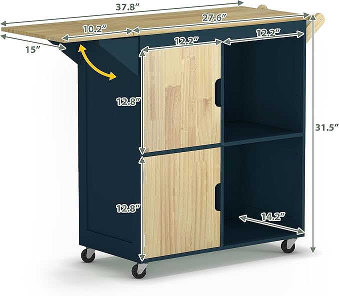 Usinso Rolling Kitchen Island, Kitchen Island Storage Cabinets on Wheels with Drop Leaf Countertop, Handle Racks, Caster Liquor Cart Suitable for Placing (Blue) - LeafyLoom