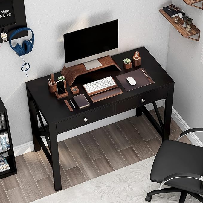 ChooChoo Home Office Desk Writing Computer Table Modern Design Black Desk with Drawers, Makeup Vanity Table - LeafyLoom