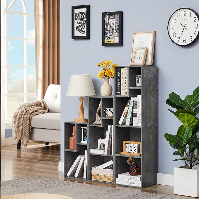 VECELO Small Bookshelf, 4 Cube Slim Bookcase, Fits Tallest Hardcovers, Horizontal Available, Modern Floor Standing Unit, Each Shelf Hold Up to 66 LBS, Modern Gray - LeafyLoom