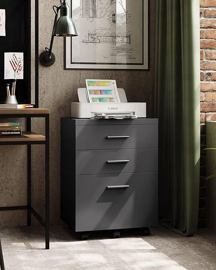 DEVAISE 3 Drawer File Cabinet for Home Office, Wood Under Desk Filing Cabinet, Rolling Printer Stand with Wheels, Black - LeafyLoom