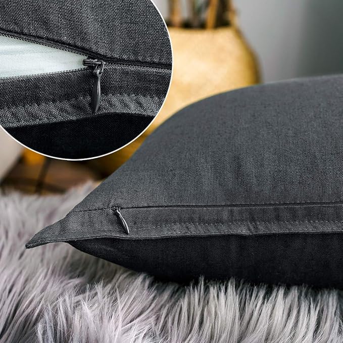 Jeanerlor Cotton Linen Soft Soild Decorative Square Throw Pillow Covers Set Cushion Case for Sofa Bedroom Car24 x 24 Inch 60 x 60cm, Pack of 2, Dark Grey - LeafyLoom
