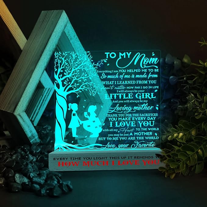 to my Mom 3D Illusion Lamp w/Wooden Base USB Powered, Mom Acrylic Night Light, Gift from Son Boy Kid, Bonus Mom Stepmom Gift, Lamp Present for Mom Mother, Gift for Birthday Mothers Day - LeafyLoom