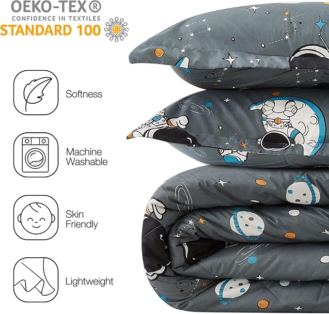 JSD Grey Astronaut Kids Comforter Set for Boys Toddler, 3 Pieces Queen Microfiber Comforter with Pillow Sham, Soft Comfortable Machine Washable - LeafyLoom