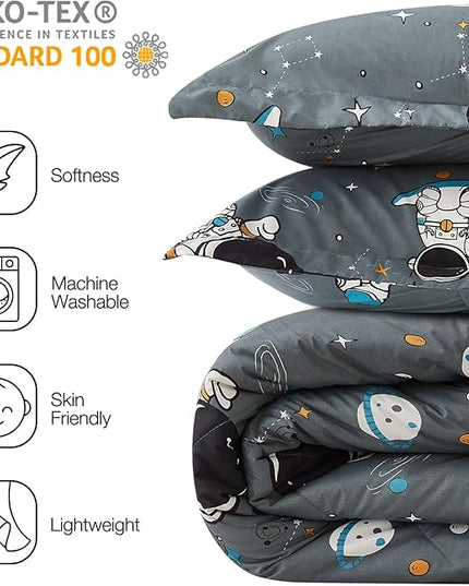 JSD Grey Astronaut Kids Comforter Set for Boys Toddler, 3 Pieces Full Microfiber Comforter with Pillow Sham, Soft Comfortable Machine Washable - LeafyLoom