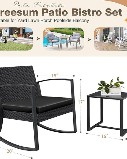Greesum 3 Pieces Outdoor Furniture Set Patio Bistro Rocking Chairs with Glass Coffee Table for Pool Beach Backyard Balcony Porch Deck Garden, Black - LeafyLoom