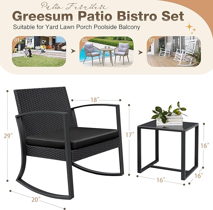 Greesum 3 Pieces Outdoor Furniture Set Patio Bistro Rocking Chairs with Glass Coffee Table for Pool Beach Backyard Balcony Porch Deck Garden, Black - LeafyLoom