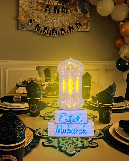 12" Ramadan Decorations, Wooden Ramadan Lantern Block with Yellow Blue Lights Eid Mubarak Ramadan Table Centerpieces for Ramadan Gifts Muslim Islam Festival Decor Eid Al Fitr Supplies - LeafyLoom