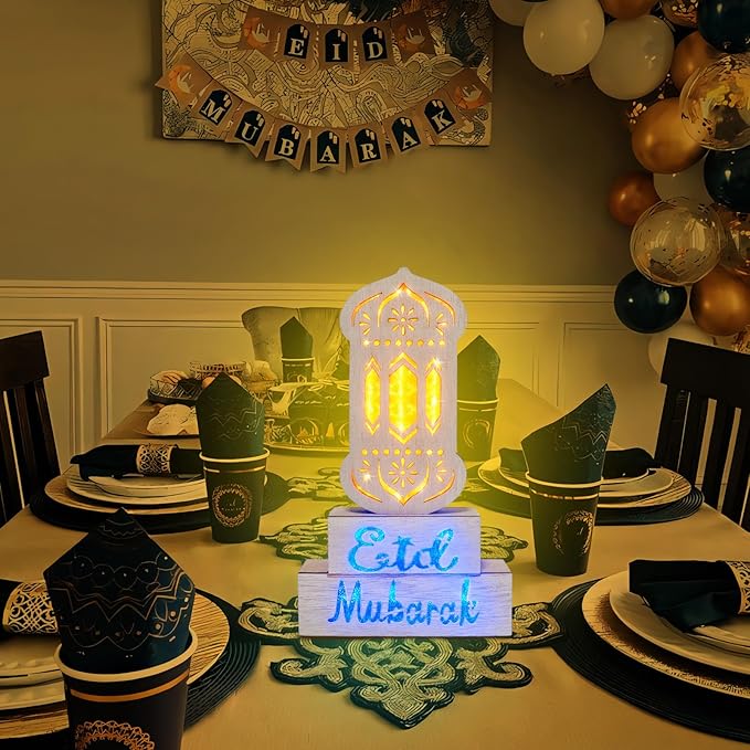 12" Ramadan Decorations, Wooden Ramadan Lantern Block with Yellow Blue Lights Eid Mubarak Ramadan Table Centerpieces for Ramadan Gifts Muslim Islam Festival Decor Eid Al Fitr Supplies - LeafyLoom