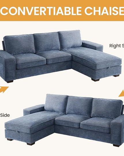 COHOME 100" L-Shaped Couch with Storage, Chenille Upholstered Deep Seat Couch for Living Room, Sofa with Reversible Chaise, Removable Covers, 3-Seater Apartment Sofa with Charge Ports,Light Blue - LeafyLoom