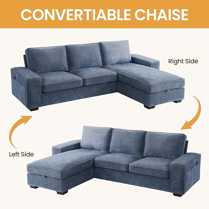 COHOME 100" L-Shaped Couch with Storage, Chenille Upholstered Deep Seat Couch for Living Room, Sofa with Reversible Chaise, Removable Covers, 3-Seater Apartment Sofa with Charge Ports,Light Blue - LeafyLoom