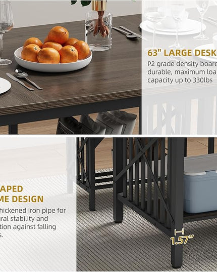 DWVO 3-Piece Dining Table Set for 4-6 People, 63" Dining Room Table with 2 Benches, Industrial Rectangular Dining Room Table Set with Storage for Kitchen, Dining Room, Grey - LeafyLoom
