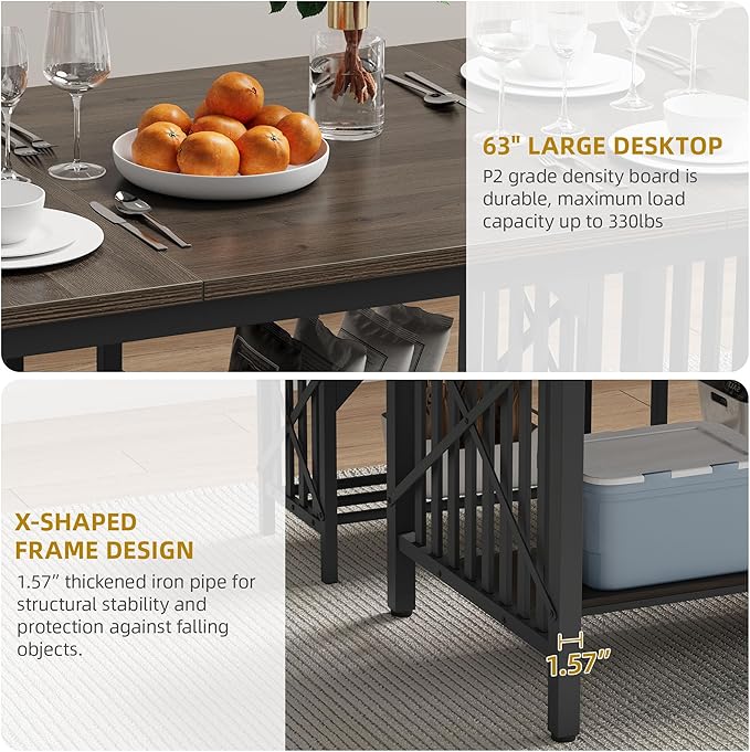 DWVO 3-Piece Dining Table Set for 4-6 People, 63" Dining Room Table with 2 Benches, Industrial Rectangular Dining Room Table Set with Storage for Kitchen, Dining Room, Grey - LeafyLoom