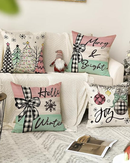 AVOIN colorlife Merry Christmas Joy Xmas Trees Colorful Throw Pillow Covers, 18 x 18 Inch Christmas Winter Holiday Cushion Case Decoration for Sofa Couch Set of 4 AVOINcolorlife