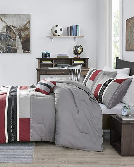 Mi Zone Cozy Comforter Set Geometric Stripes Vibrant Color Design All Season Bedding Matching Shams, Decorative Pillow, Full/Queen, Red/Grey, 4 Piece - LeafyLoom