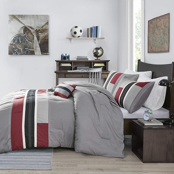 Mi Zone Cozy Comforter Set Geometric Stripes Vibrant Color Design All Season Bedding Matching Shams, Decorative Pillow, Full/Queen, Red/Grey, 4 Piece - LeafyLoom