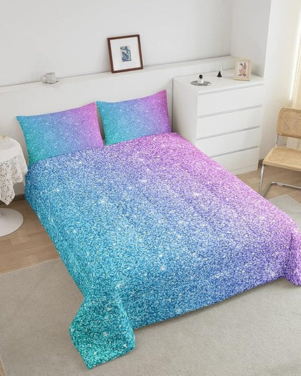 Colorful Glitter Bedding King Girly Turquoise Teal Blue Pink Pastel Girls Comforter Set 3 Pcs Trendy Quilt Duvet for Kid Women Down Comforter with Sparkle Sequin Pattern Bling Bedroom Decor Bed Cover - LeafyLoom