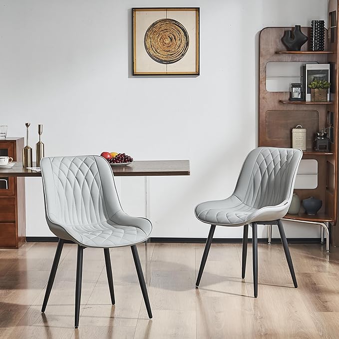 YOUNIKE Grey Dining Chairs set of 2 with High Backs Mid Century Modern Kitchen & Dining Room Chairs PU Faux Leather Upholstered sillas de comedor Comfortable Large Padded Accent Chairs with Metal Legs - LeafyLoom