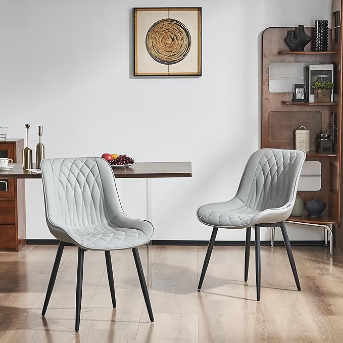 YOUNIKE Grey Dining Chairs set of 2 with High Backs Mid Century Modern Kitchen & Dining Room Chairs PU Faux Leather Upholstered sillas de comedor Comfortable Large Padded Accent Chairs with Metal Legs - LeafyLoom
