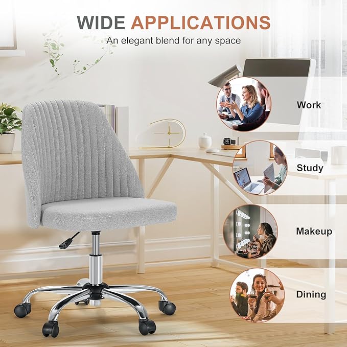 MCQ Office Desk Chair, Modern Cute Rolling Vanity Swivel Task Chairs with Wheels, Comfortable Back Seat Armless for Home, Bedrooms, Office, Study, Student, Adults, Make-up, Dressing Room, Cloud - LeafyLoom
