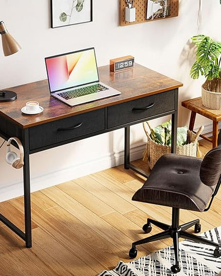 ODK 40 Inch Small Desk with Fabric Drawers- for Bedroom, Vanity Desk with Storage, Home Office Computer Desk for Small Spaces, Modern Work Writing Study Table, Vintage - LeafyLoom
