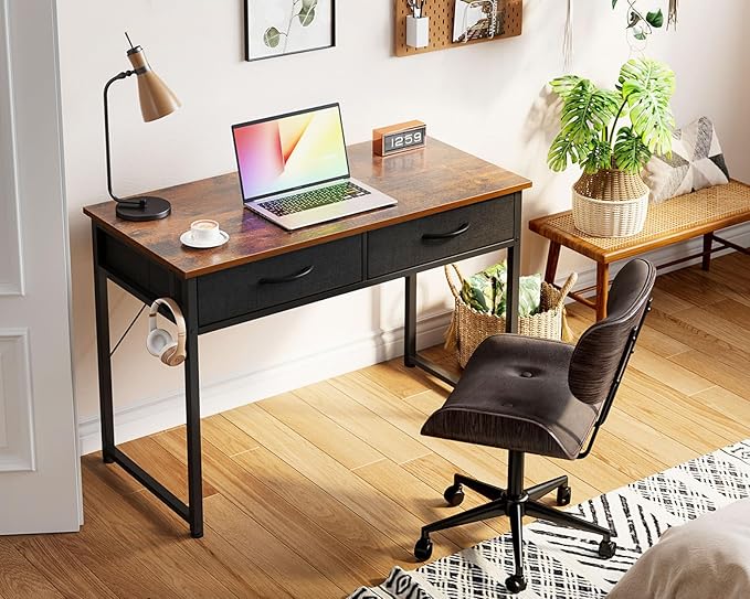 ODK 40 Inch Small Desk with Fabric Drawers- for Bedroom, Vanity Desk with Storage, Home Office Computer Desk for Small Spaces, Modern Work Writing Study Table, Vintage - LeafyLoom