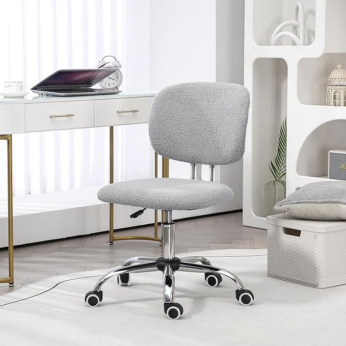 Vinsetto Cute Armless Office Chair, Teddy Fleece Fabric Computer Desk Chair, Vanity Task Chair with Adjustable Height, Swivel Wheels, Mid Back, Light Gray - LeafyLoom