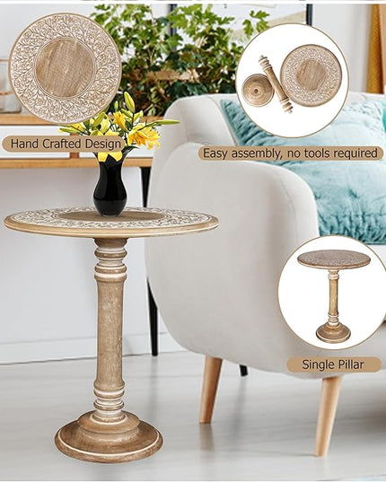 Round End Table,Small Table,Side Table, Side Tables Living Room,End Table,Round Side Table,Altar Table, Carved Side Table,Wood Accent Table,Carved Wood Table Single Pillar 18x22 inch White Wash - LeafyLoom