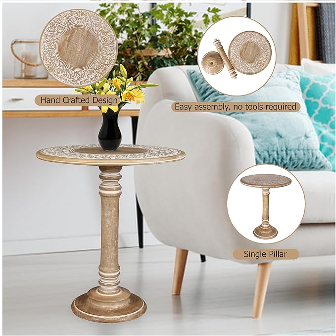 Round End Table,Small Table,Side Table, Side Tables Living Room,End Table,Round Side Table,Altar Table, Carved Side Table,Wood Accent Table,Carved Wood Table Single Pillar 18x22 inch White Wash - LeafyLoom