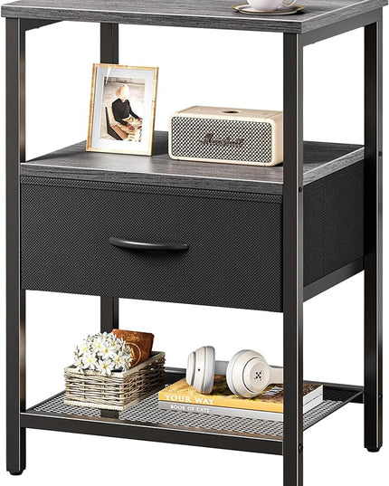 Night Stand with Fabric Drawer, Side Table with Mesh Shelf, Bedroom Nightstand, Fabric Drawer Dresser, Open Shelf, Metal Frame, Couch Side, Charcoal Gray - LeafyLoom