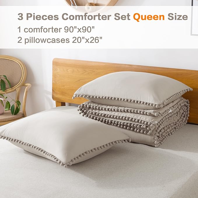 Litanika Queen Size Comforter Set Linen Grey,3 Pieces Linen Grey Boho Pom Pom Lightweight Bed Comforter, All Season Soft Solid Color Bedding Comforter Sets (1 Comforter 90x90 Inch, 2 Pillowcases) - LeafyLoom