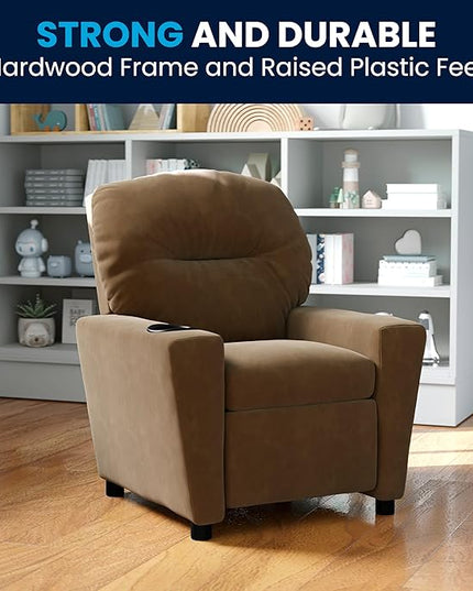 Flash Furniture Chandler Microfiber Kids Recliner with Cup Holder and Safety Recline, Contemporary Reclining Chair for Kids, Supports up to 90 lbs., Brown - LeafyLoom
