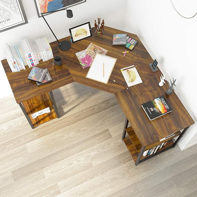 Elephance Large L-Shaped Computer Desk with Shelves, Corner Desk, Home Office Writing Workstation, Gaming Desk PC Latop Table with Storage - LeafyLoom
