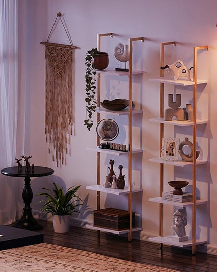 SUPERJARE 5 Tier Bookshelf, Narrow Book Shelf with Open Display Shelves, Small Bookcase with Metal Frame for Bedroom, Living Room, White and Gold - LeafyLoom